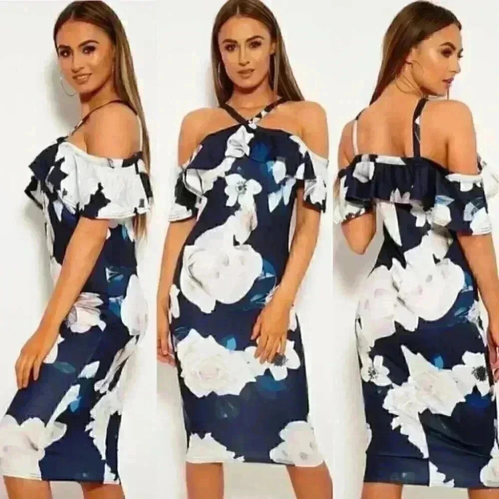Yoins Navy Floral Print Off The Shoulder Party Dress L